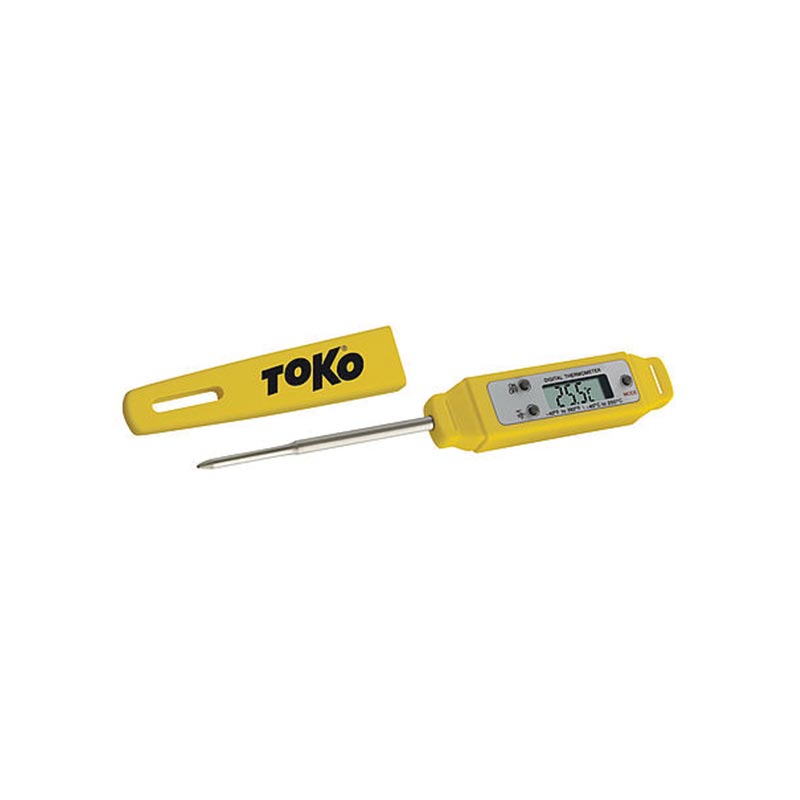 Gelbes digitales Toko Schneethermometer mit Metallfühler und Schutzhülle.