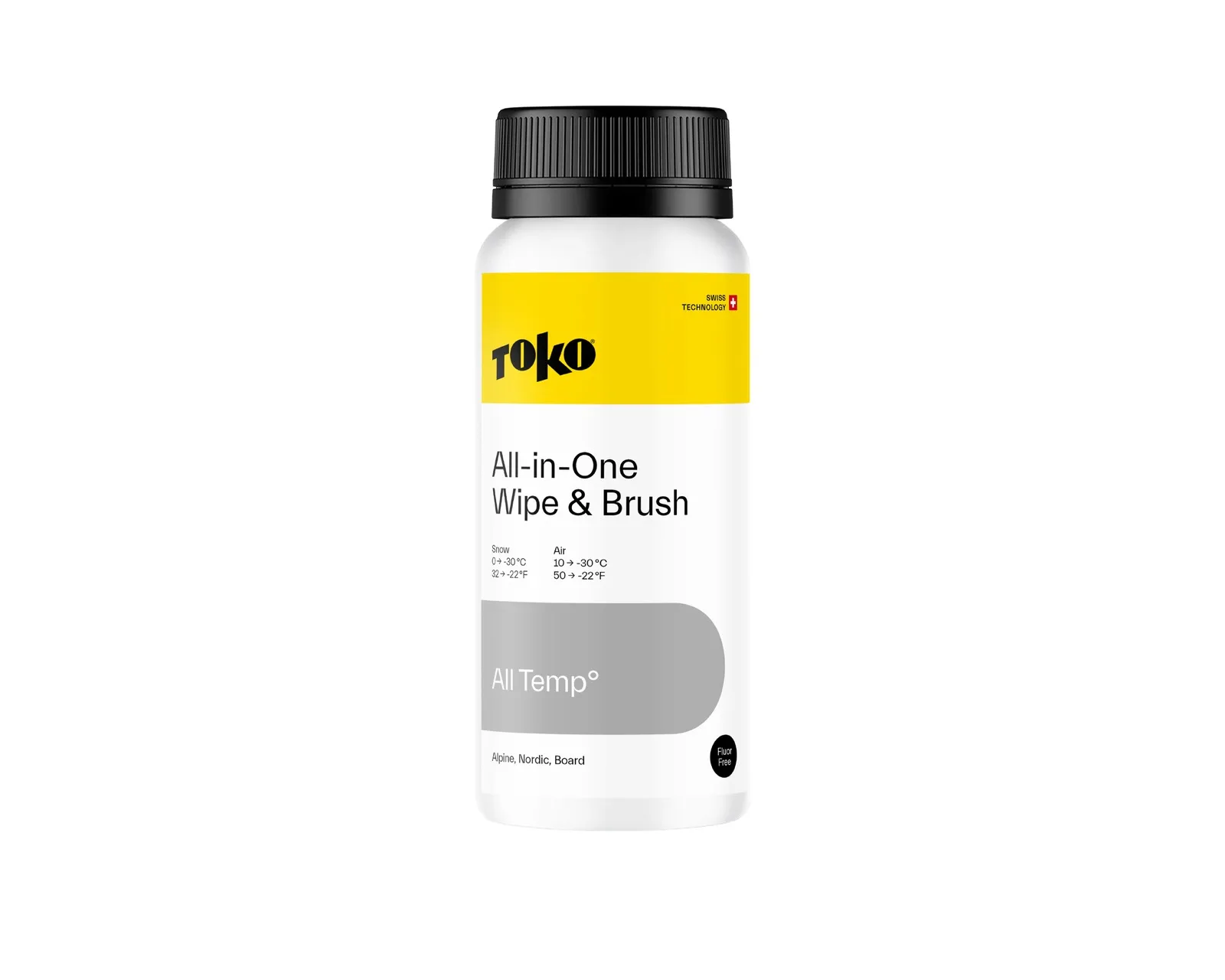 White bottle Toko All-in-One Wipe & Brush with yellow label and black cap.