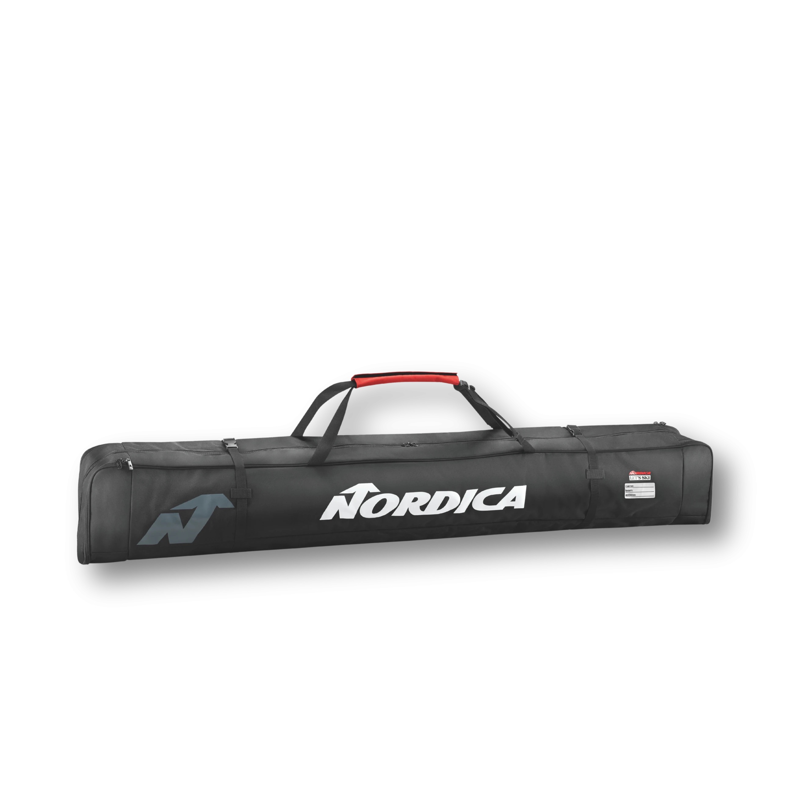 Black Nordica Single Ski Bag with carrying handles and white lettering, lying on a white background.