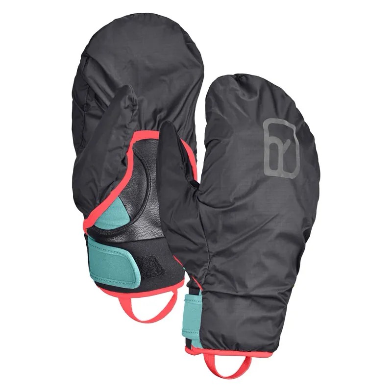 Deux gants gris Ortovox Tour Pro Cover avec des accents rouges et turquoises, dont un avec capuche, sur fond blanc.