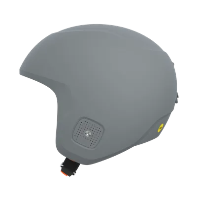 Gray ski or snowboard helmet with ventilation openings and a small yellow sticker on the side. The chin strap is black.