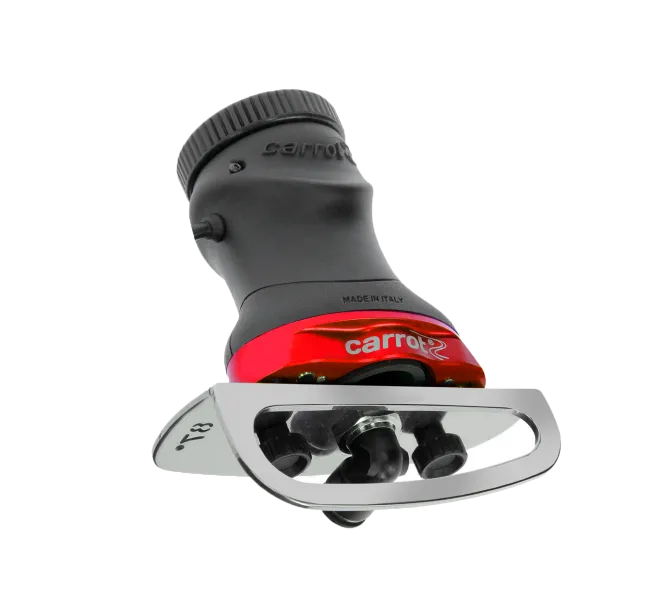 Carrot Machine: Edge grinder with black handle and red housing on silver holder.