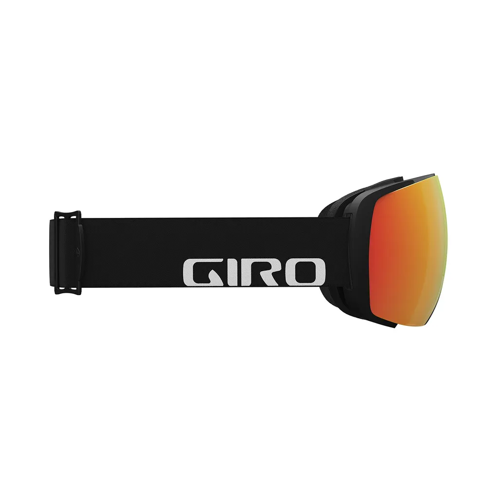 Schwarze Giro Contact Vivid Goggle mit orangefarbener Scheibe, seitliche Ansicht.