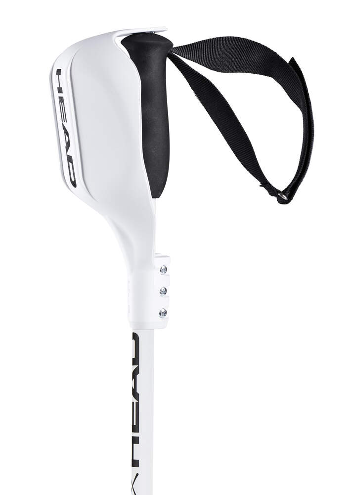 Weißer Ski-Stock mit schwarzem Griff und Schlagschutz, sowie schwarzer Handschlaufe.