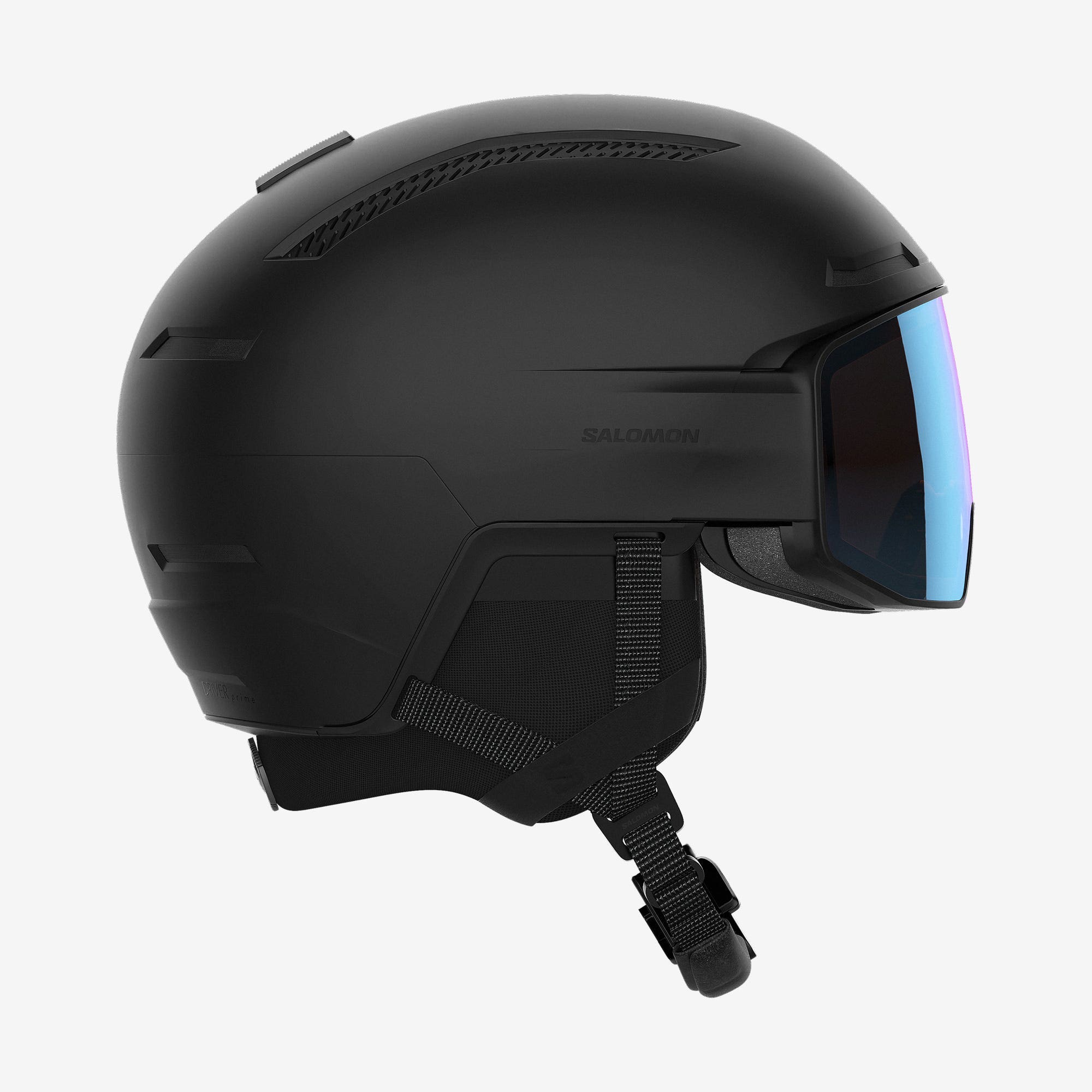 Schwarzer Skihelm Salomon Schwarzer Skihelm 'Salomon Driver Prime' mit blau-schimmerndem Sigma Photo Visier von der Seite.
