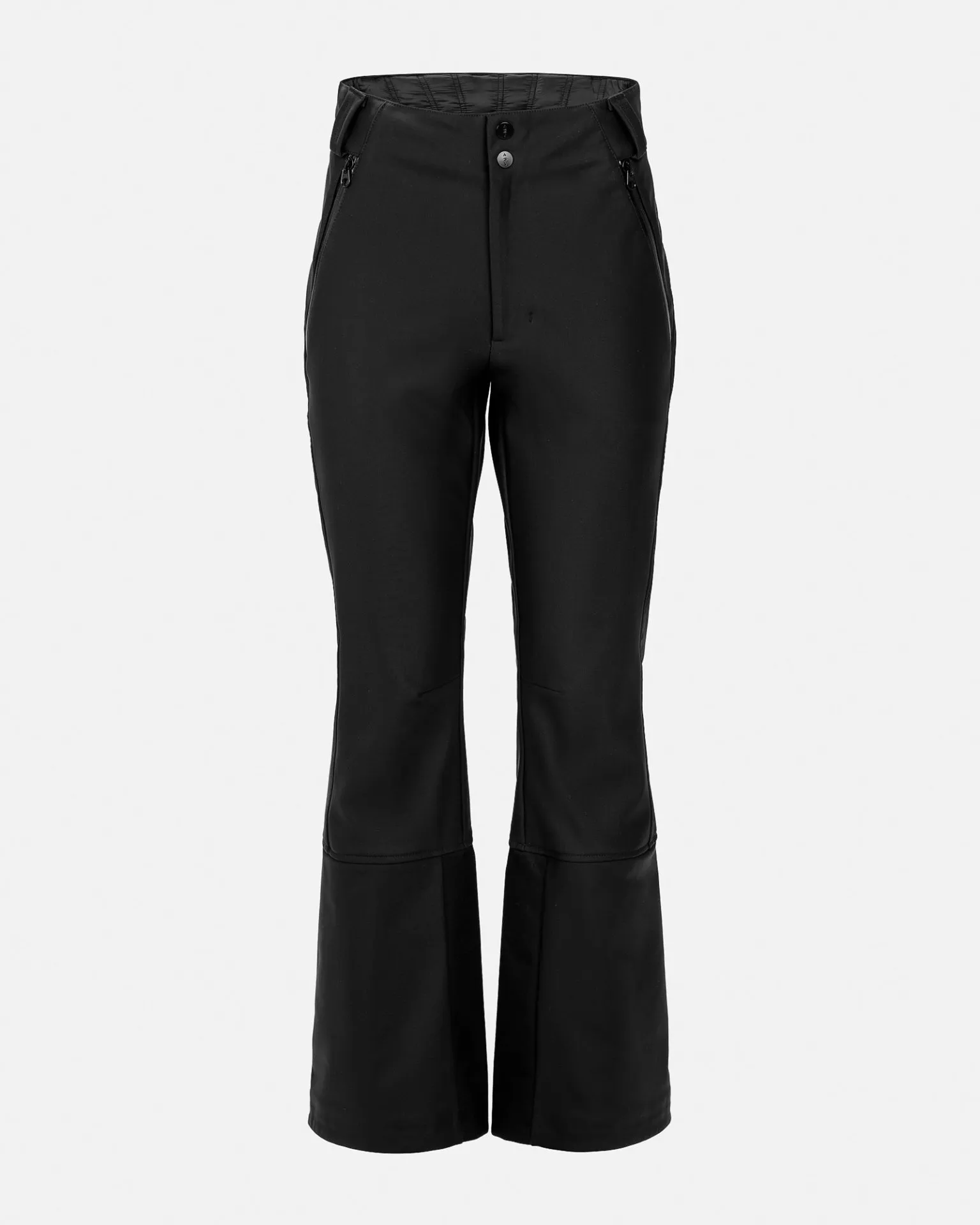 Pantaloni da sci elasticizzati neri, isolati, da donna, frontali, con cerniere sulle tasche.