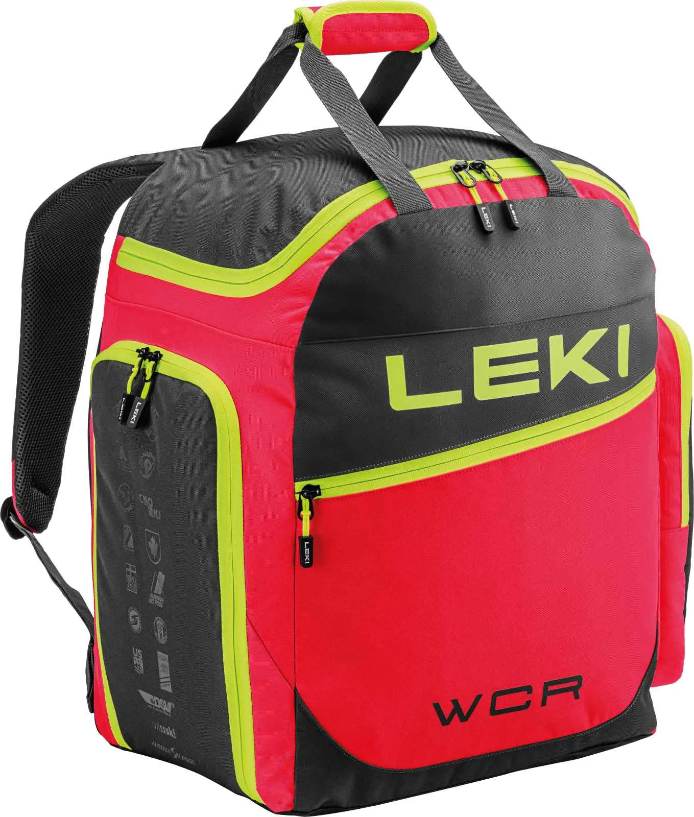 Sac pour chaussures de ski rouge Leki WCR 60L avec poignées, fermetures éclair et accents jaunes.