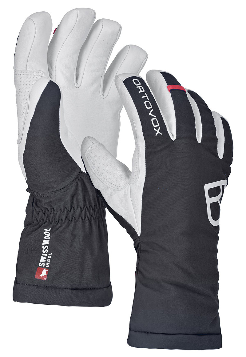 Ortovox Gants Freeride W : deux gants de ski, noir avec cuir blanc, inscription "Ortovox" sur le côté.