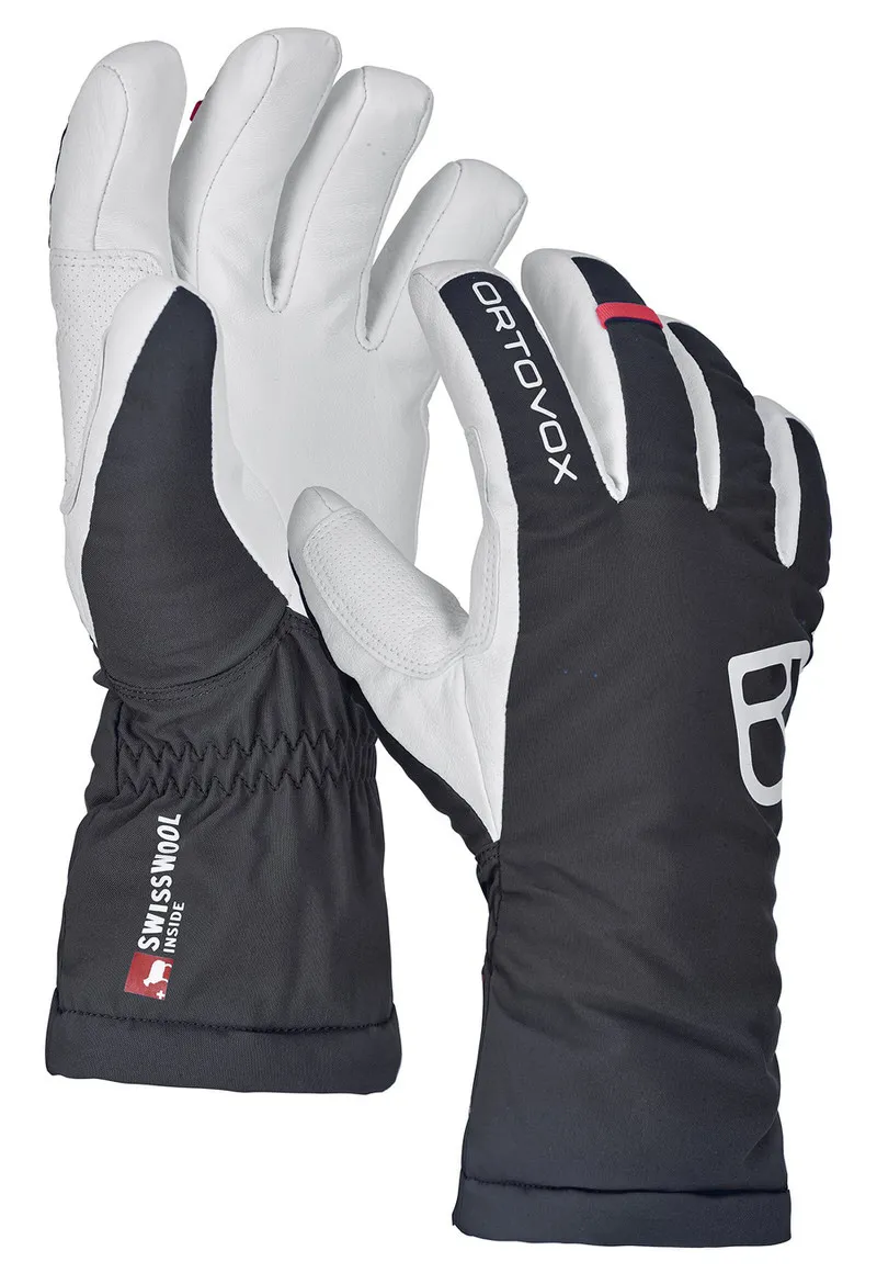 Guanto Ortovox Freeride W: due guanti da sci, neri con pelle bianca, scritta "Ortovox" sul lato.