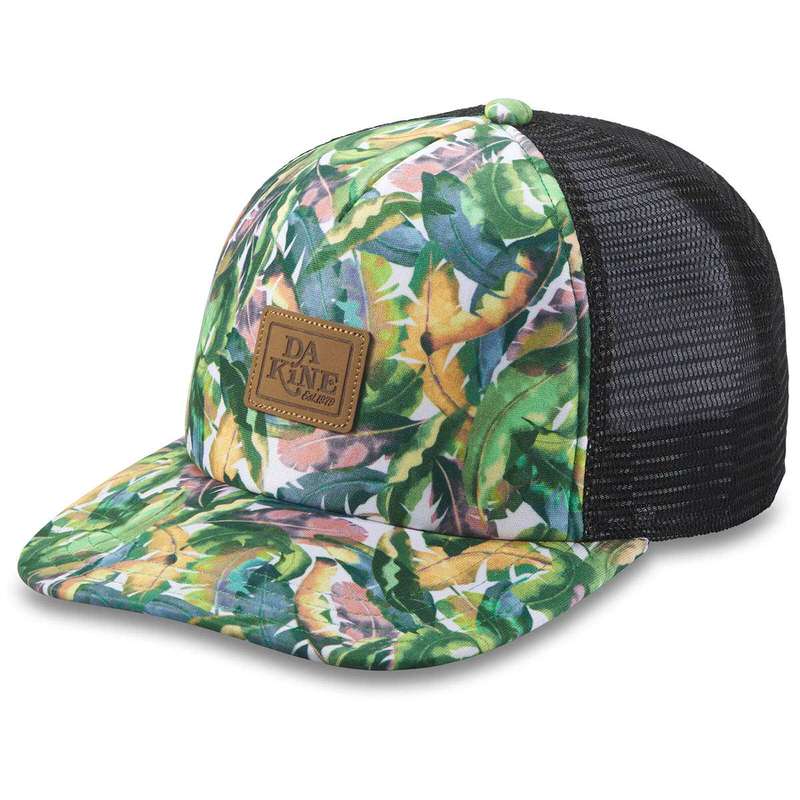 Dakine Trucker cap with palm tree pattern and black mesh fabric at the back of the head. There is a Dakine logo patch on the front.