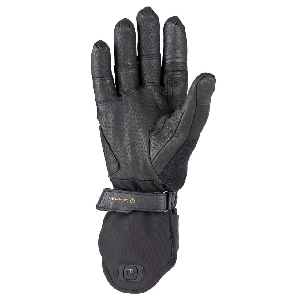 Schwarzer Therm-ic Ultra Grip Heat Glove, Handfläche mit Grip, Handrücken glatt, Manschette mit Therm-ic Logo.