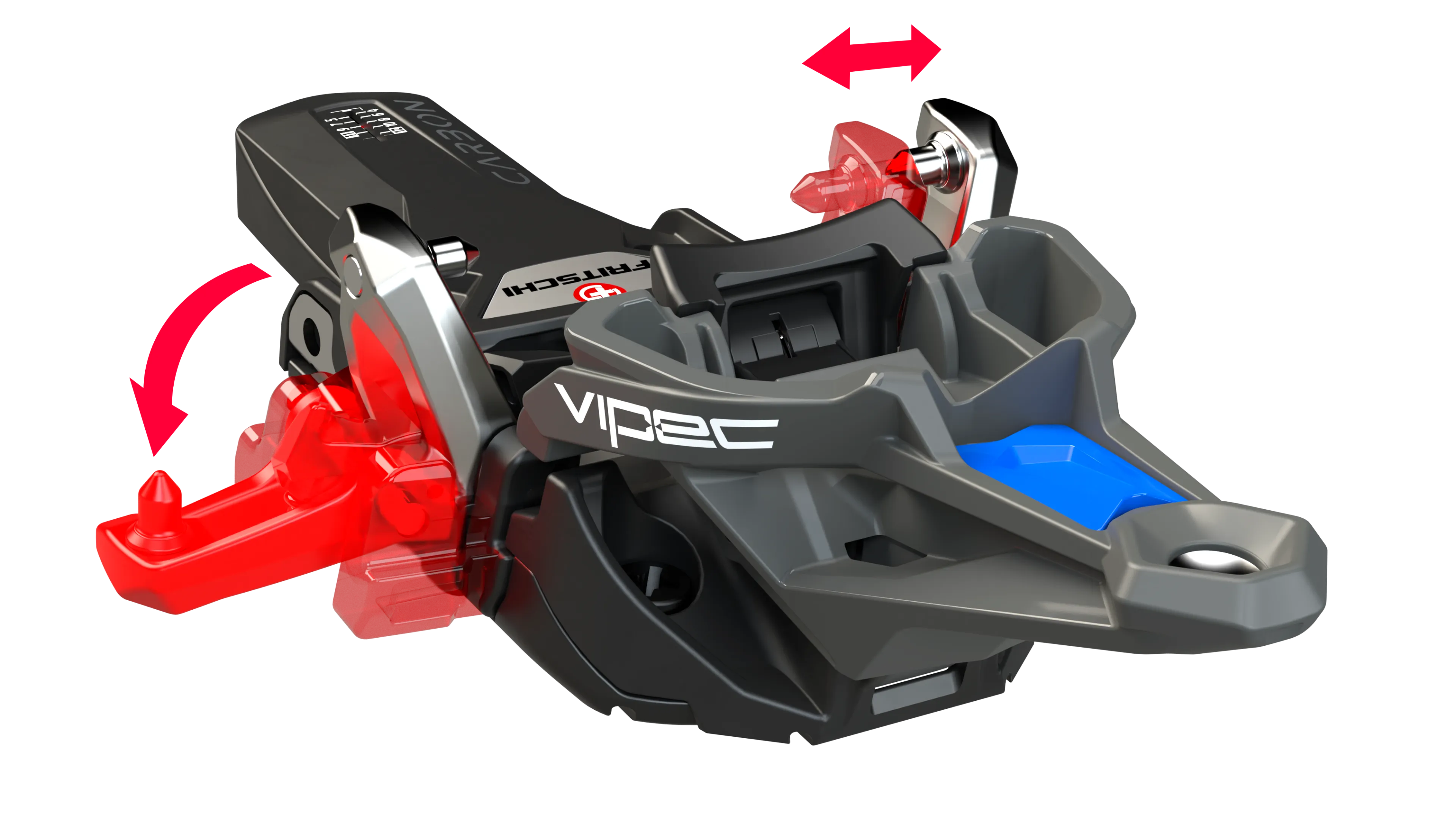 Detailaufnahme der Fritschi Vipec Evo 12 Skitourenbindung, die Sicherheitsfunktionen mit roten Pfeilen hervorhebt.