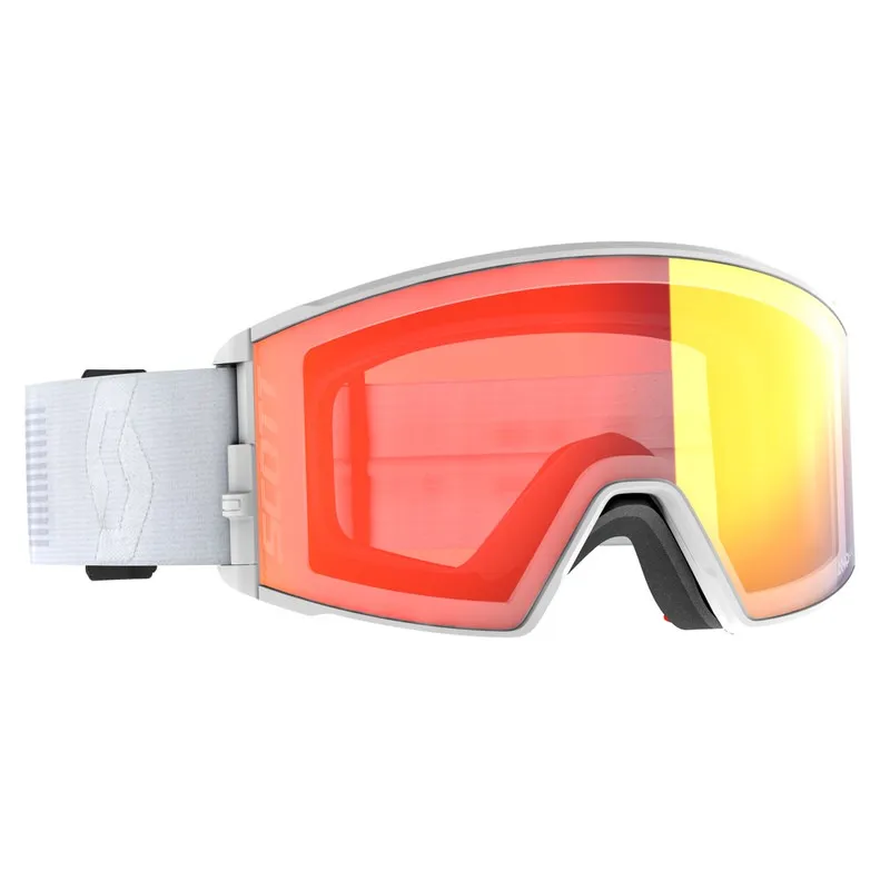 White Scott React ski goggles with red/yellow enhancer lens in cylindrical shape, including white strap.