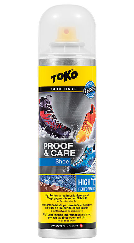 Eine Dose Toko Shoe Proof & Care Imprägnierungsspray mit Abbildungen von Schuhen.