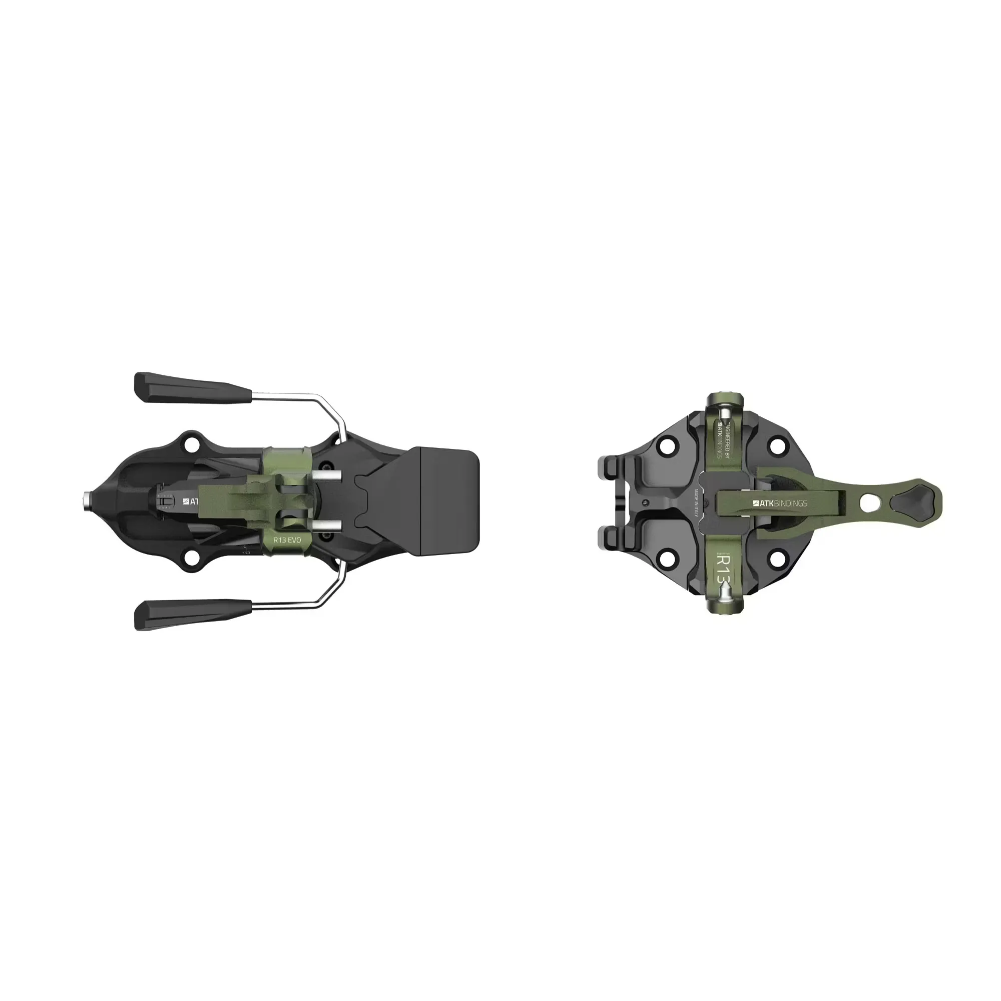 Deux fixations de randonnée ATK Freerider 13 EVO, partie avant et arrière, vues de dessus sur fond blanc.