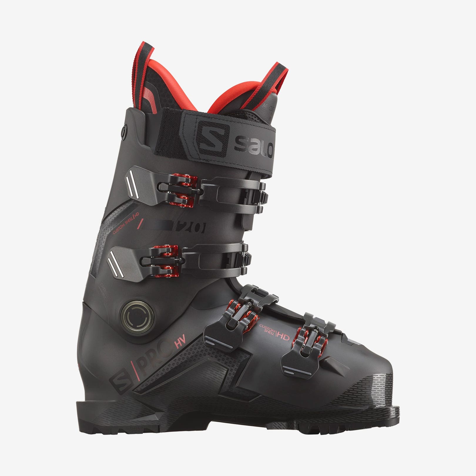 Schwarzer Ski-Schuh Salomon S/PRO HV 120, seitliche Ansicht, rote Akzente an Schnallen und Innenfutter.