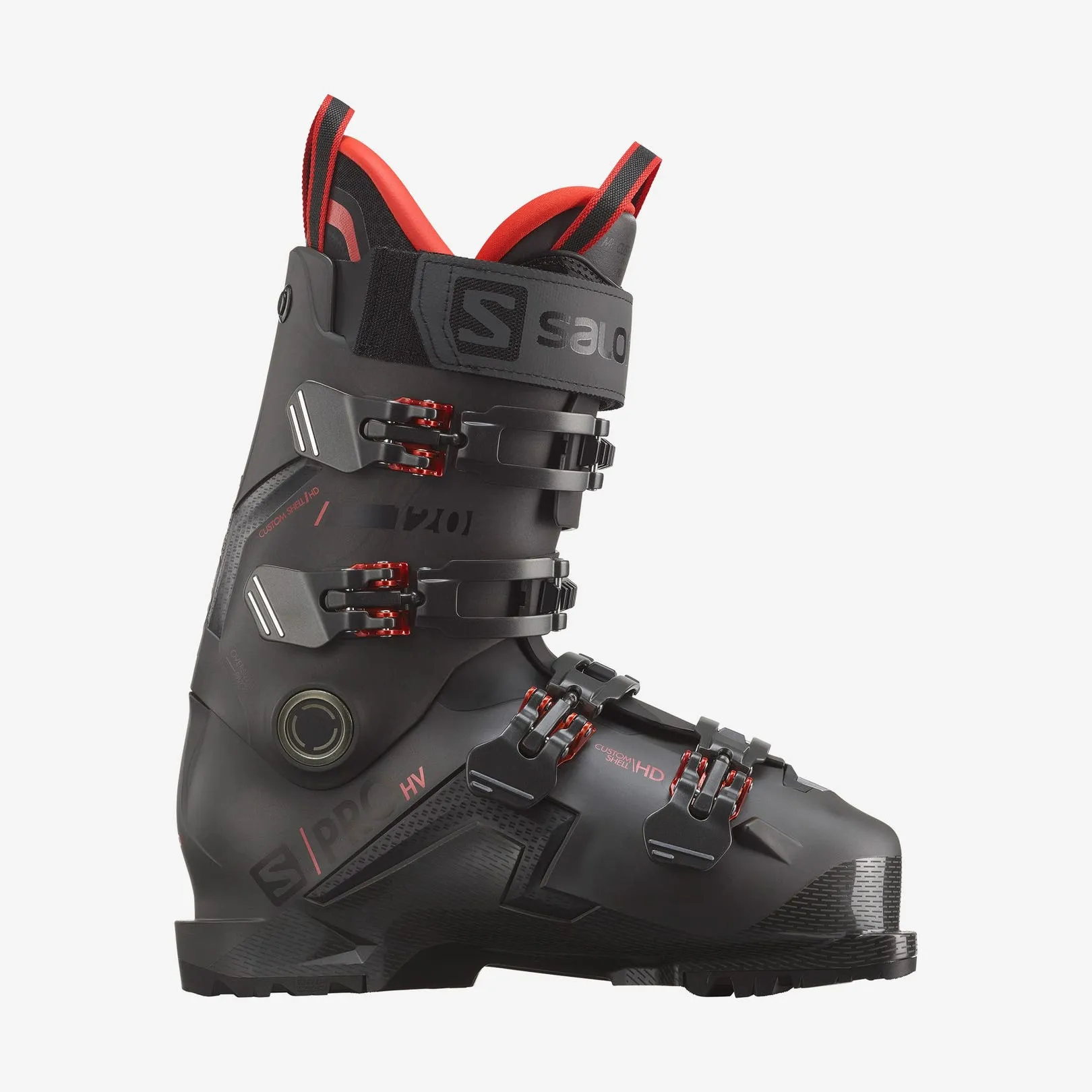 Black ski boot Salomon S/PRO HV 120, side view, red accents on buckles and inner lining.