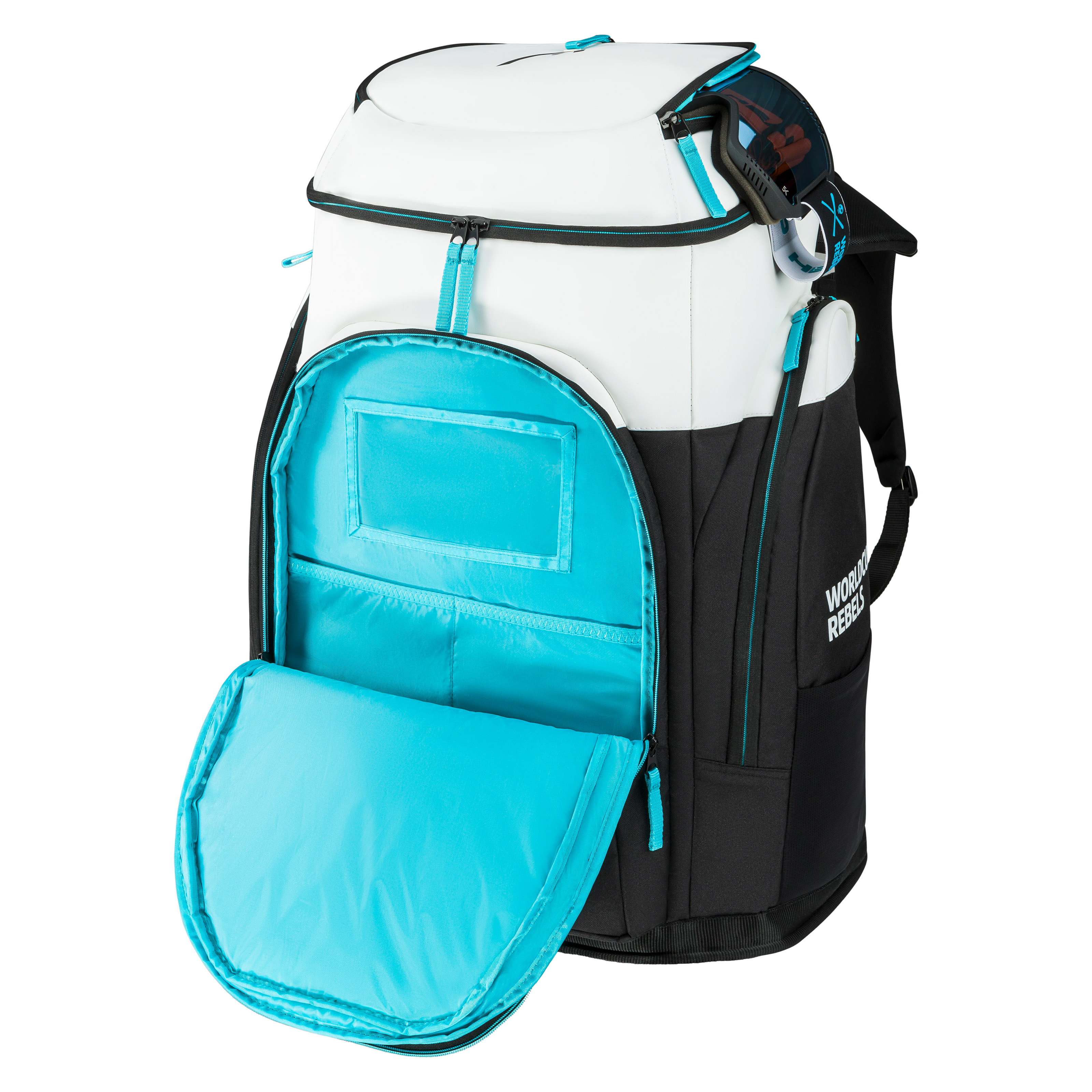 Offener, schwarz-weißer Head Rebels Racing Backpack mit türkisfarbenem Innenraum und türkisen Akzenten sowie Skibrille an der Seite.