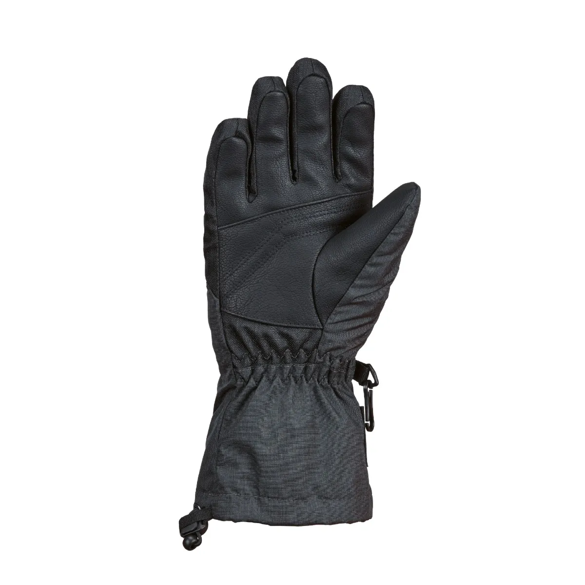 Black winter glove, palm up, with slightly open fingers, against a white background.
