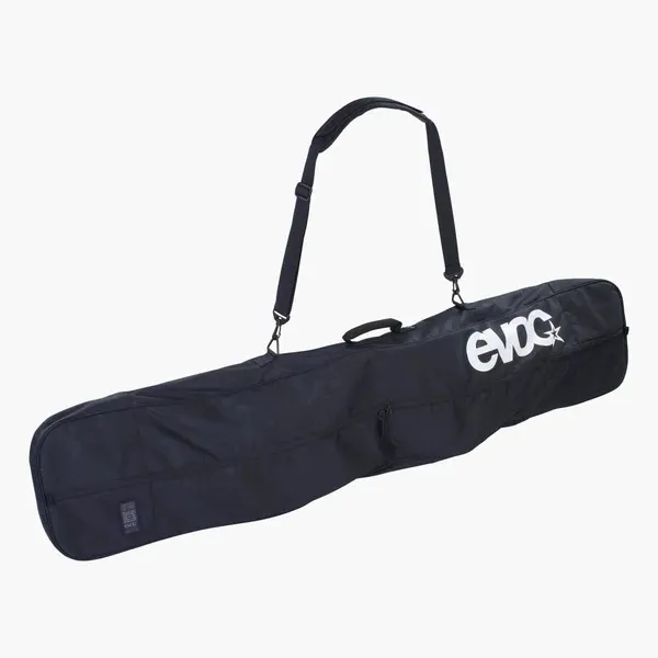 Sac de planche noir Evoc avec sangle et poignée de transport sur fond neutre. Logo blanc Evoc à droite.