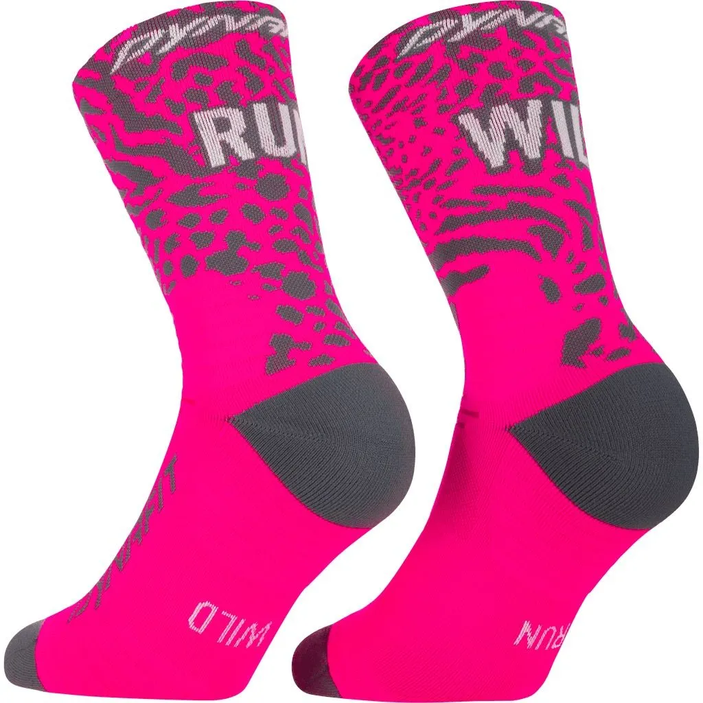 Two pink sports socks with a gray pattern, "RUN WILD" printed in white lettering.
