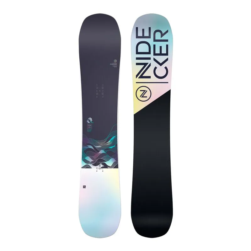 Two Nidecker Ora Women Snowboards, one with decor, one with logo.