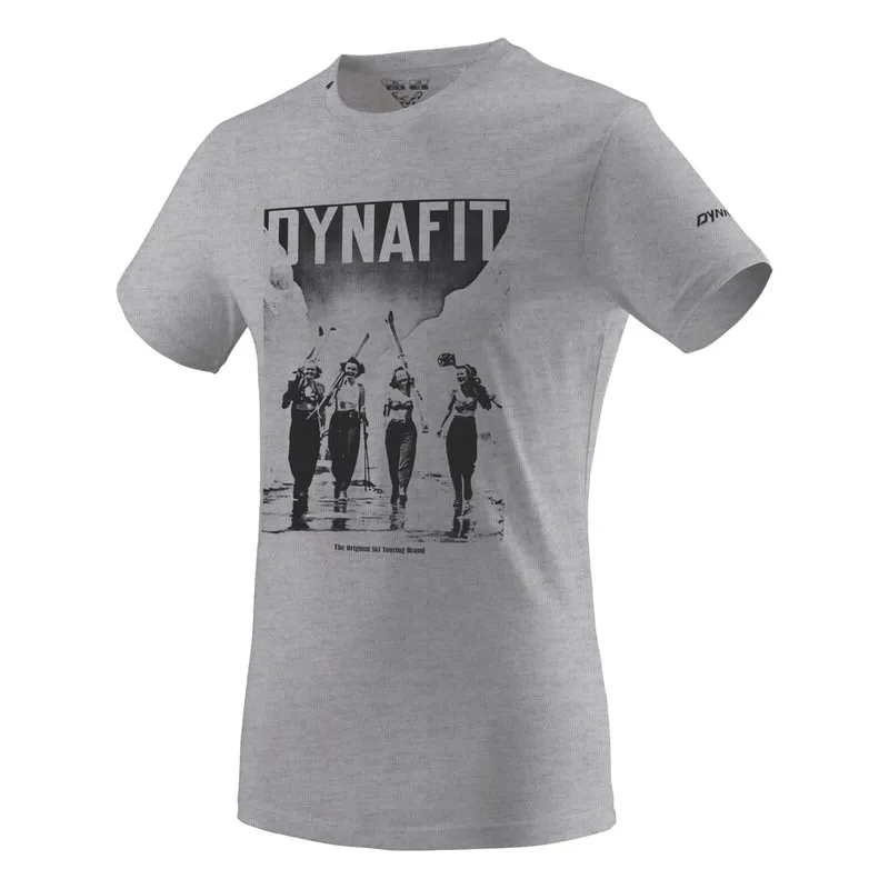 T-shirt grigia per ragazze Dynafit con stampa: quattro donne con gli sci.