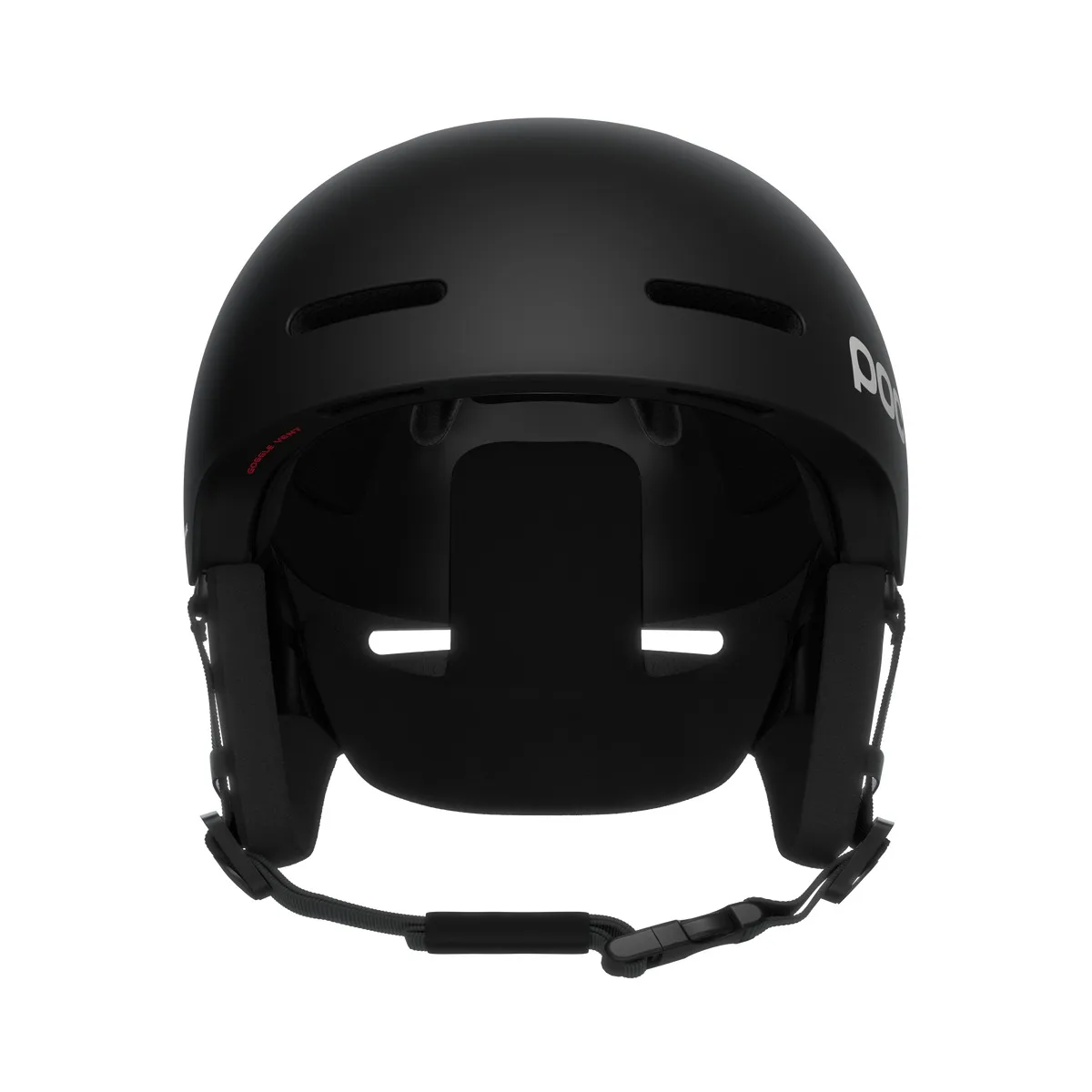 Casco da sci Poc Fornix Mips nero, vista frontale, con paraorecchie e aperture di ventilazione.