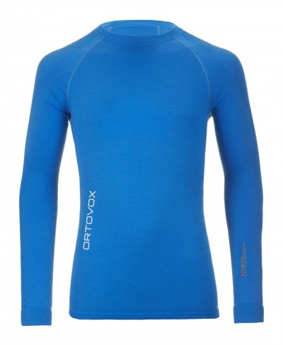Blaues, eng anliegendes Ortovox 230 Competition Long Sleeve Merino Shirt mit Rundhals, lange Ärmel und vertikalem Logo.