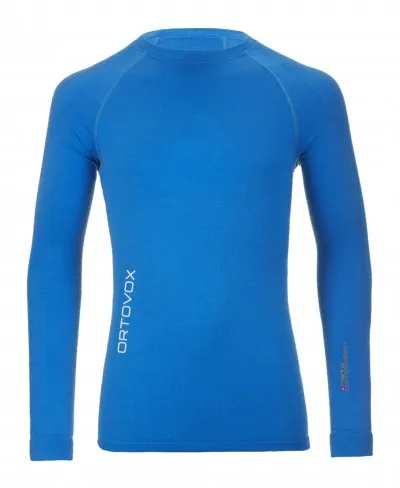 Blaues, eng anliegendes Ortovox 230 Competition Long Sleeve Merino Shirt mit Rundhals, lange Ärmel und vertikalem Logo.