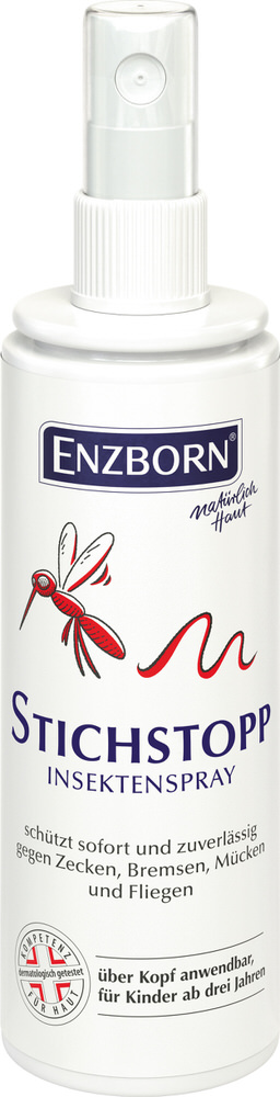 Weiße Sprühflasche Stich-Stopp Spray mit roter Mücke und Schriftzug. Insektenschutz gegen Zecken, Bremsen, Mücken und Fliegen.