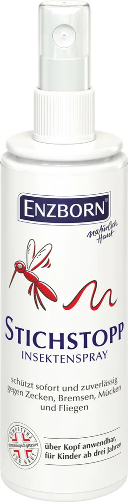 Spray anti-piqûres blanc avec un moustique rouge et une inscription. Protection contre les insectes : tiques, taons, moustiques et mouches.