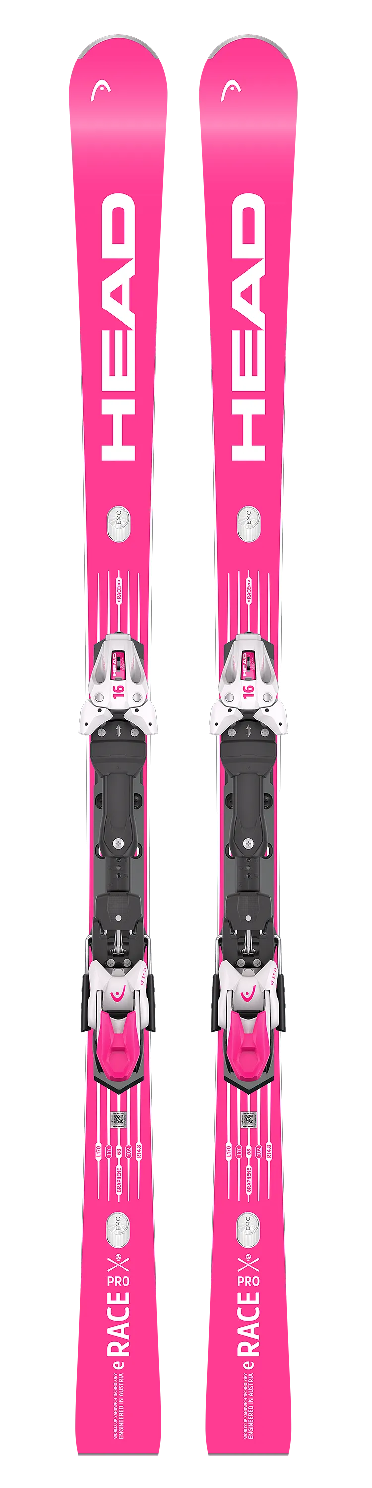 Zwei leuchtend pinke Ski mit weißen Bindungen stehen nebeneinander, "HEAD" ist vertikal in Weiß aufgedruckt.