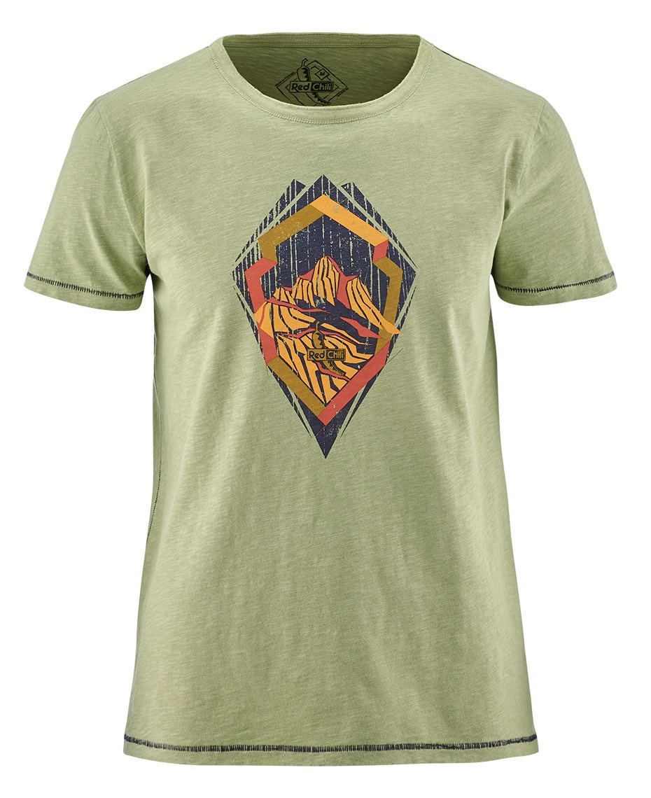 T-shirt vert AKONO ginger avec un motif de montagne dans un cadre géométrique.