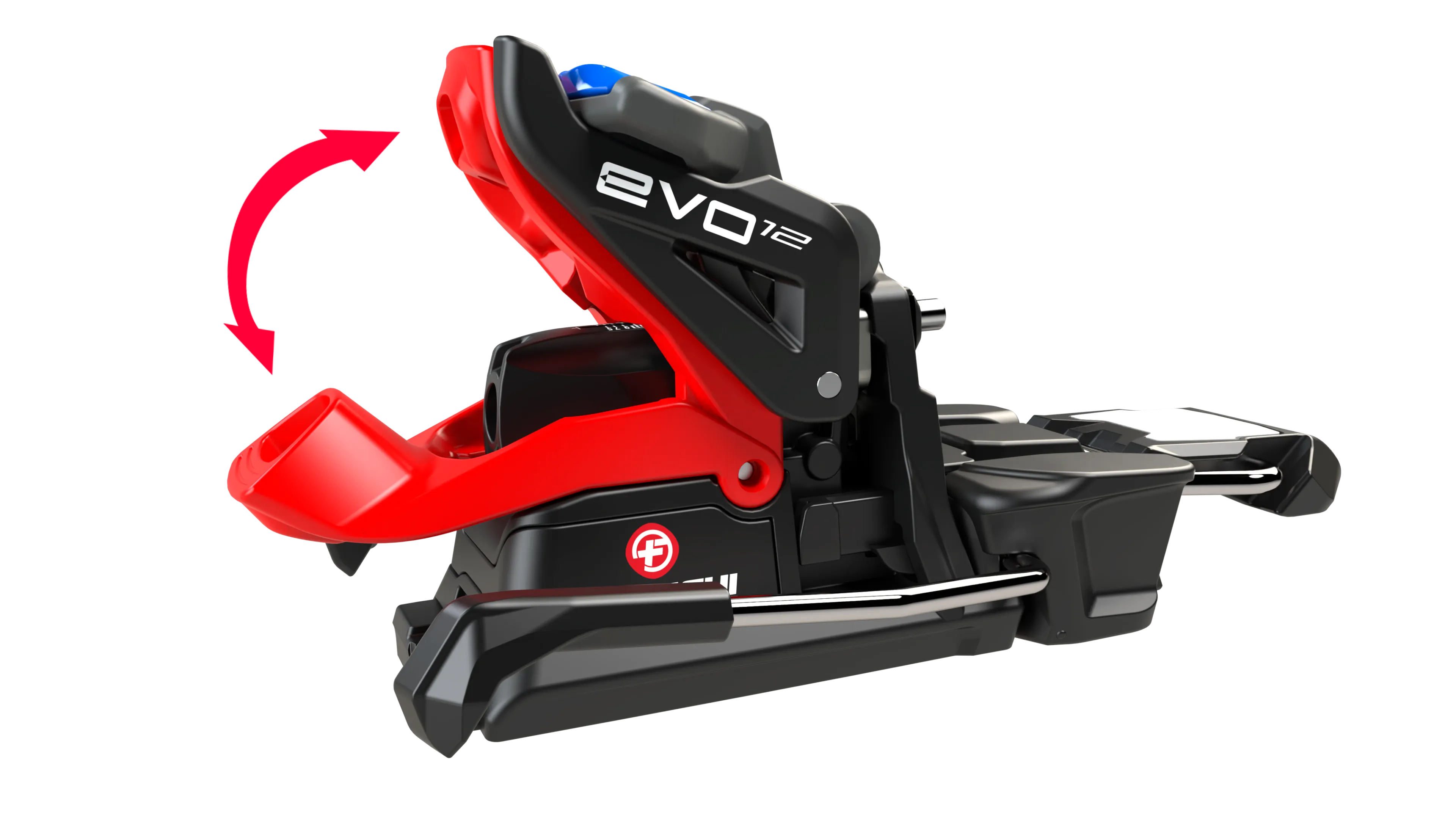 Nahaufnahme der Fritschi Vipec Evo 12 Skitourenbindung, mit rotem Pfeil der die Drehbewegung der Bindung andeutet.