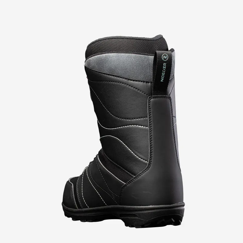 Schwarzer Nidecker Maya Snowboard Boot von hinten, mit grauer Manschette und weißer Naht.