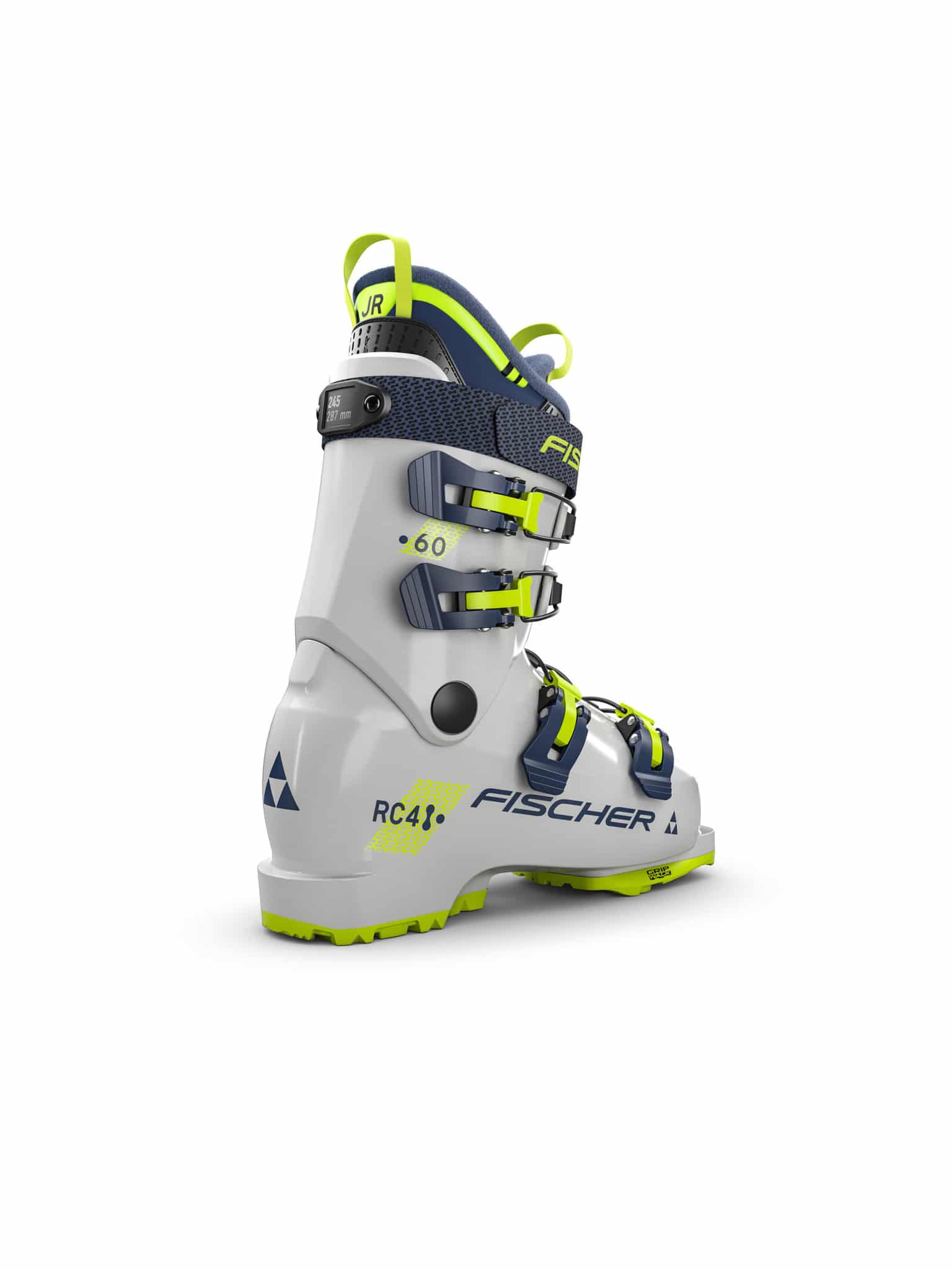 Chaussure de ski blanche Fischer RC4 60 JR, vue latérale, avec des accents jaunes et bleus.