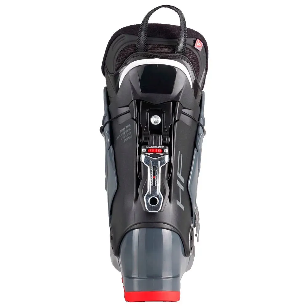 Rear view of the Nordica HF 100 ski boot in anthracite, black and red, with hands-free closure system.