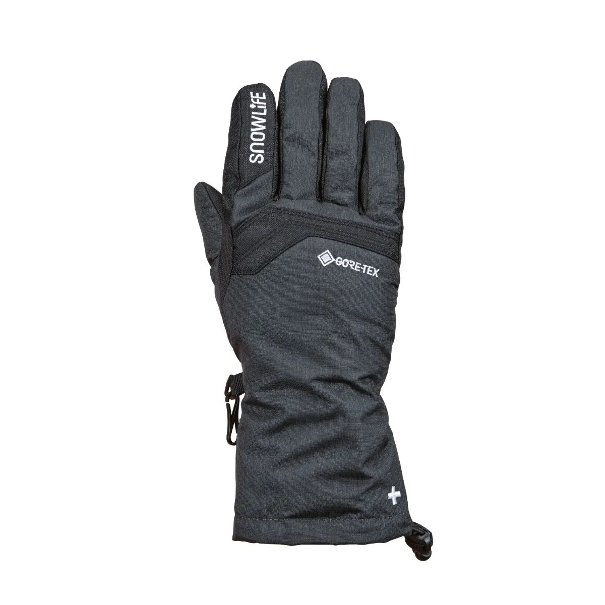 Grey winter glove, palm up, with prints, Gore-Tex logo and adjustable cuff.