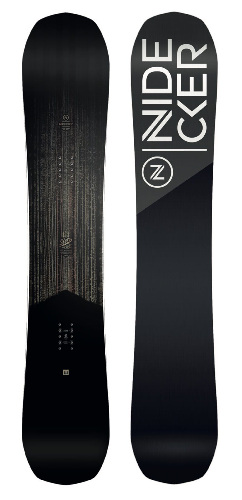 Zwei Nidecker Score Snowboards, eines mit Muster, das andere mit Nidecker Logo.