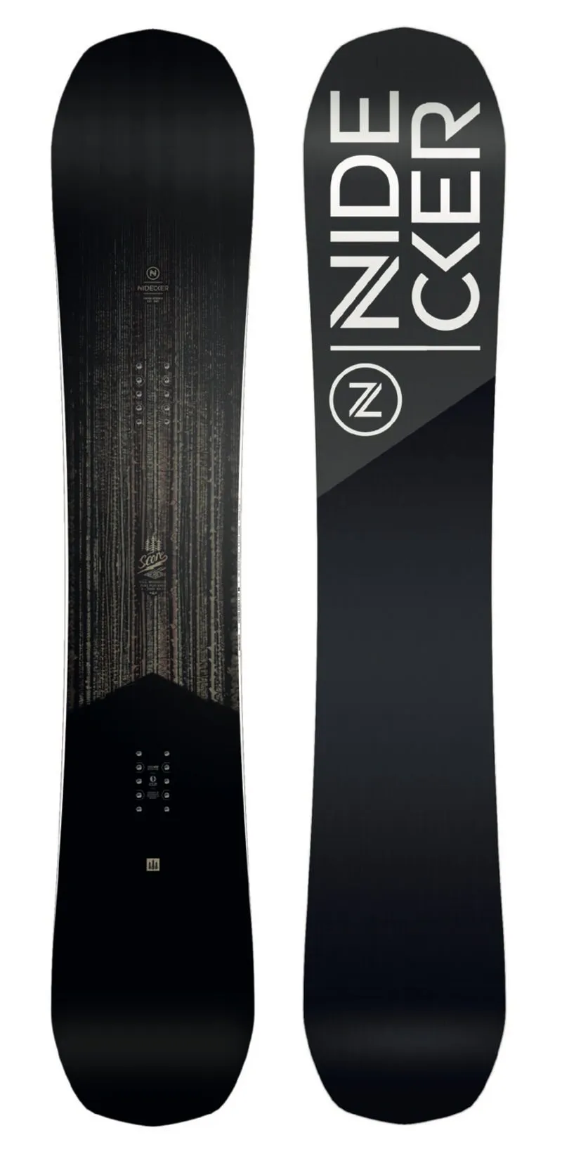 Two Nidecker Score snowboards, one with pattern, the other with Nidecker logo.