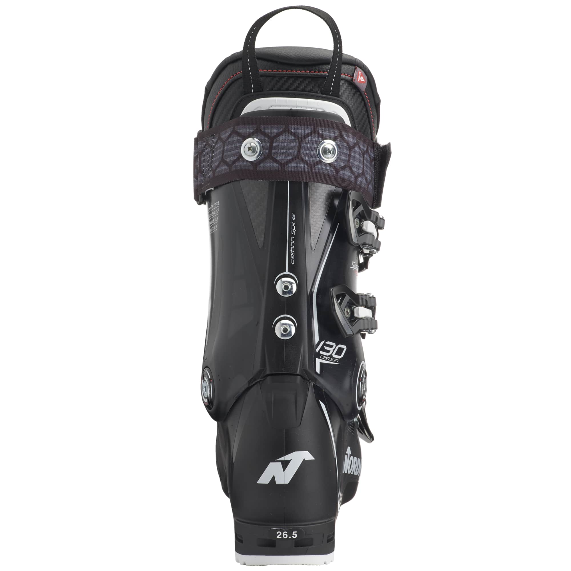 Schwarzer Speedmachine 130 Carbon Skischuh von hinten, mit sichtbarem Carbon Spine und 130 Carbon Schriftzug.