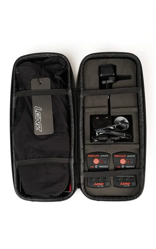 Open black bag with Lenz Heat Vest 1.0, batteries, charging cable and accessories.