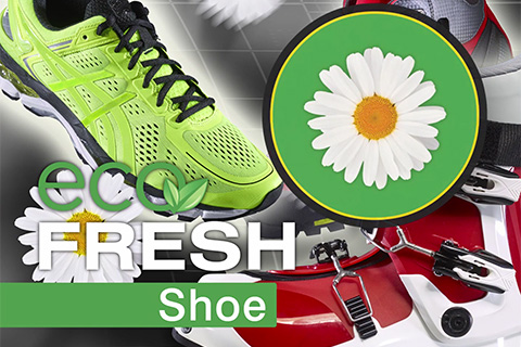 Chaussures Eco Fresh Chaussures de sport et chaussures de ski avec l'inscription "Eco Fresh Shoe" et un graphisme en forme de pâquerette.