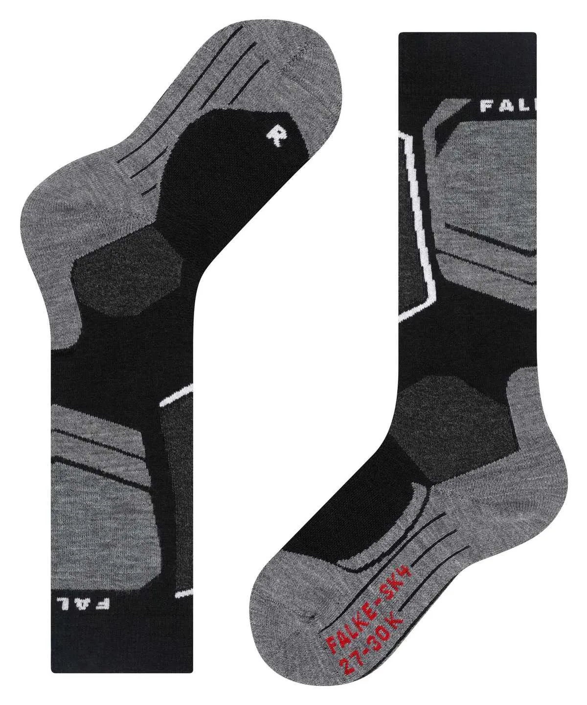 Black and gray sports/ski socks. Left sock folded over, sole marked with an “R” for right. Right sock upright with a red “Falke SK4” logo on the instep. Both feature reinforcements at the heel, toes, and shin (lighter gray, white lines).