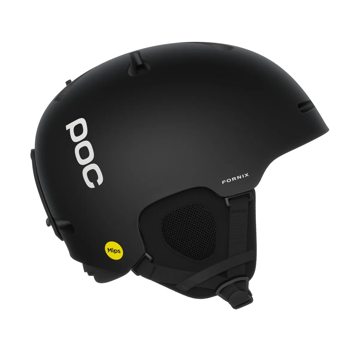 Casco da sci Poc Fornix Mips nero. Il logo Poc è visibile sul lato del casco. Il logo Mips si trova sul bordo inferiore.