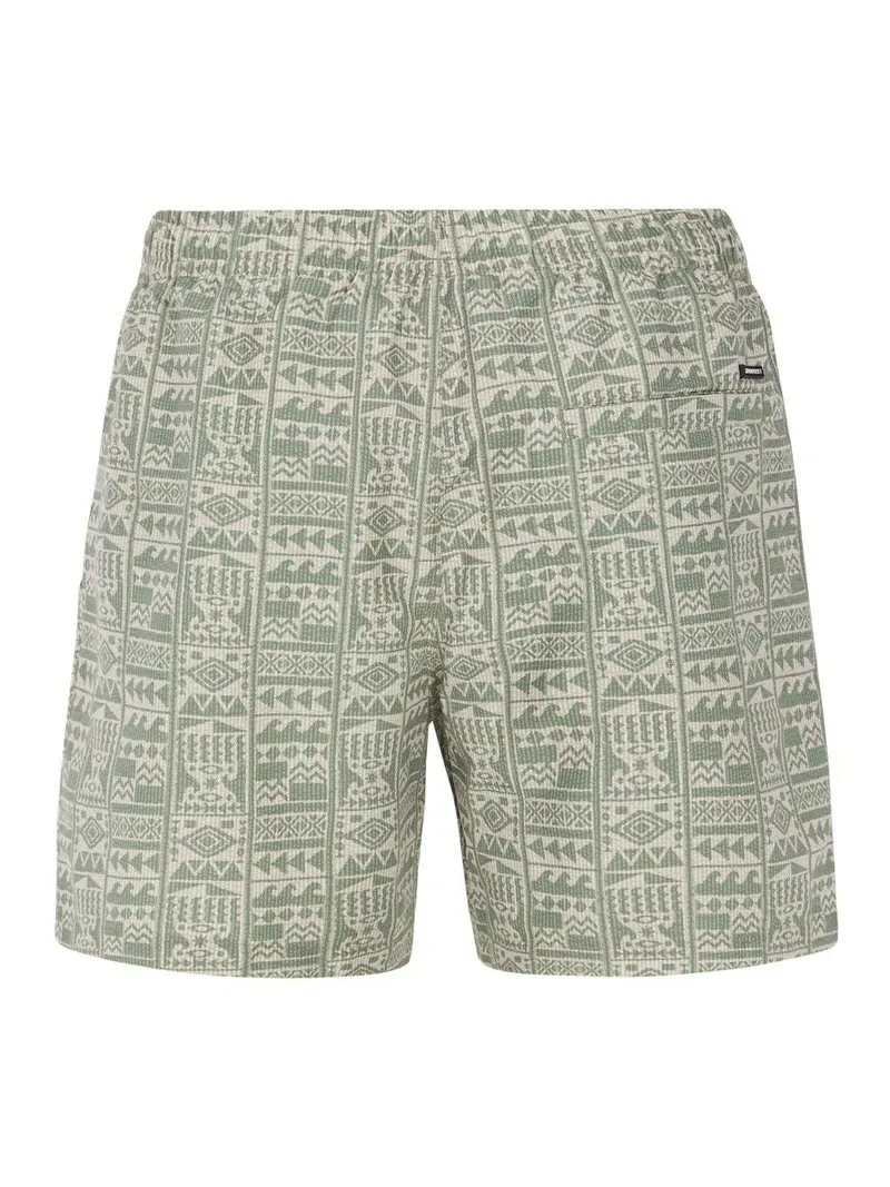 Artichoke Green swim shorts with geometric pattern, elastic waistband and back pocket.
