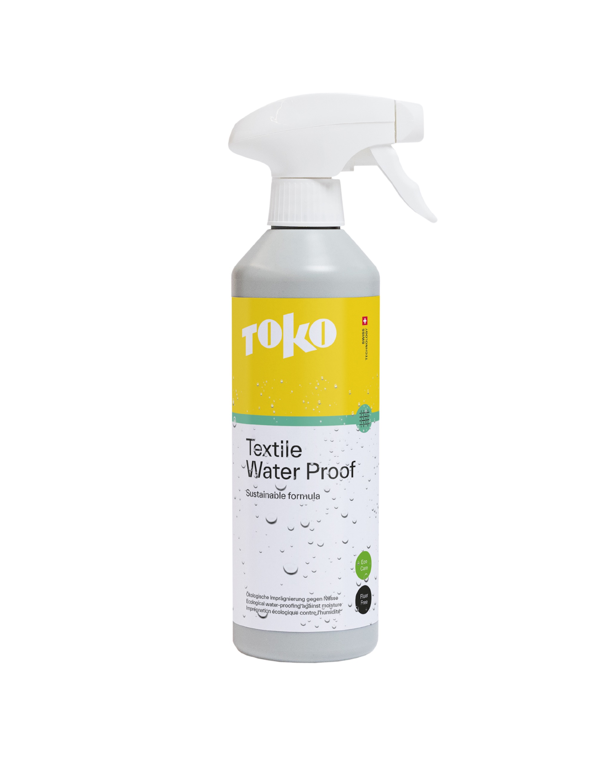 Toko Eco Care Sprühflasche Sprühflasche Toko Eco Care Textile Water Proof, gelbes Etikett mit Wassertropfen-Muster. Umweltfreundliche Imprägnierung.