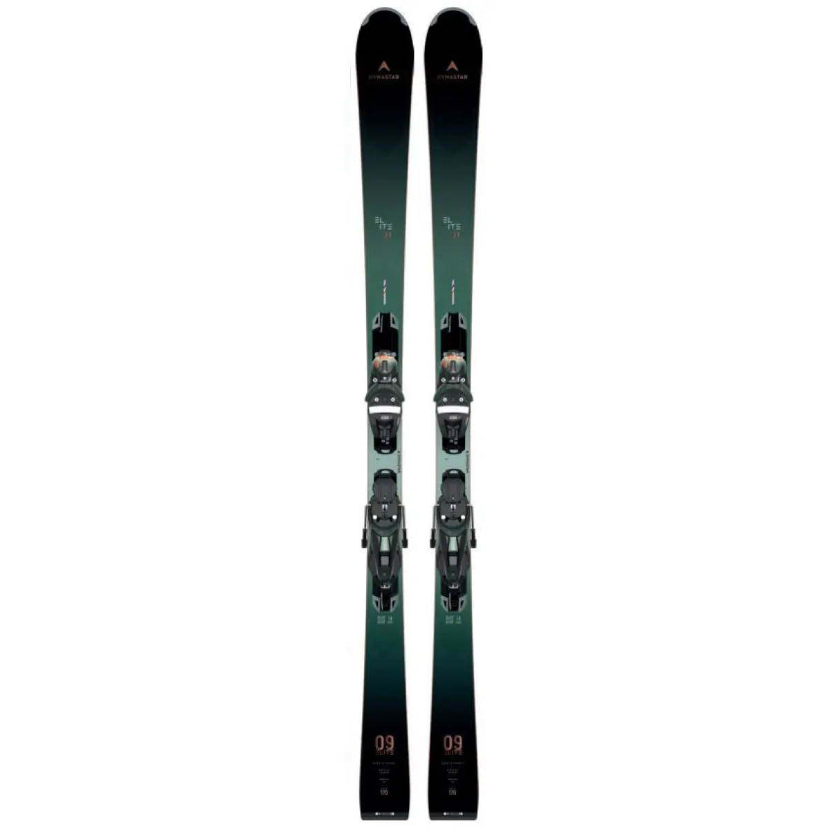 Zwei Skier, vertikal angeordnet, mit montierten Bindungen. Das Design verläuft von Schwarz zu Dunkelgrün.