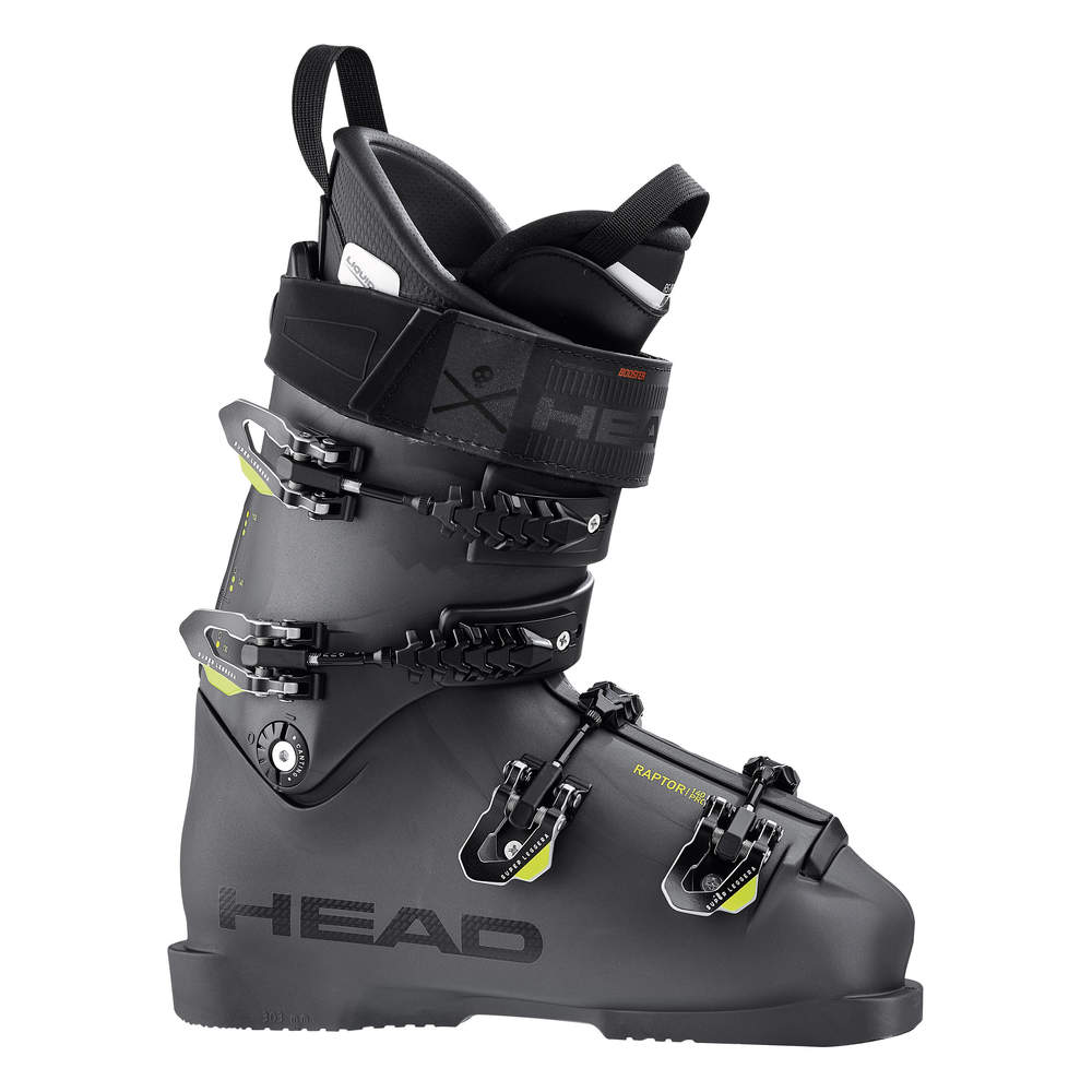 Anthrazitfarbener Head Raptor LTD Skischuh, seitliche Ansicht, mit Schnallen und Klettverschluss.